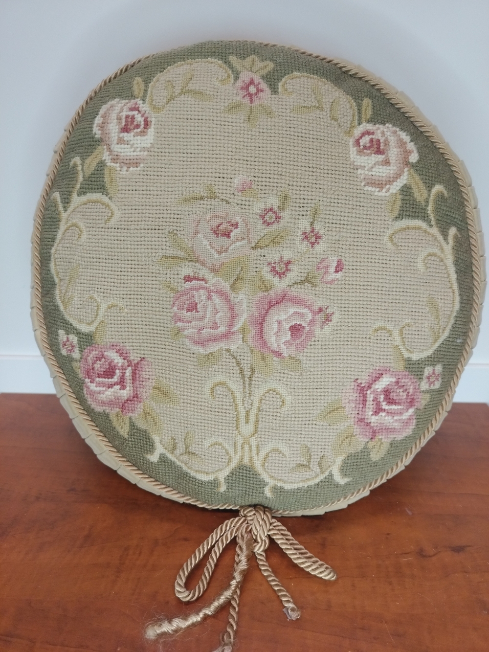 Vintage Round Needlepoint Accent Pillow 15" Diameter Pink Roses Green Leaves
